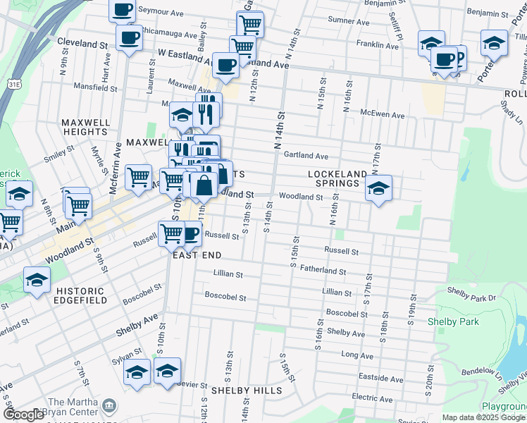 map of restaurants, bars, coffee shops, grocery stores, and more near 1306 Woodland Street in Nashville