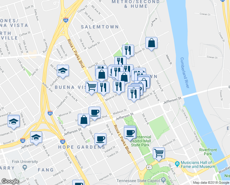 map of restaurants, bars, coffee shops, grocery stores, and more near 1313 6th Avenue North in Nashville