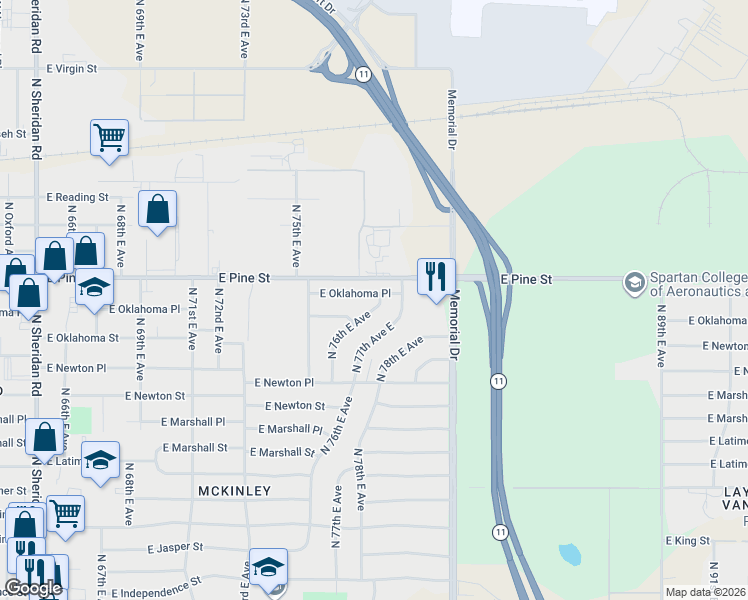 map of restaurants, bars, coffee shops, grocery stores, and more near 7553 East Oklahoma Place in Tulsa