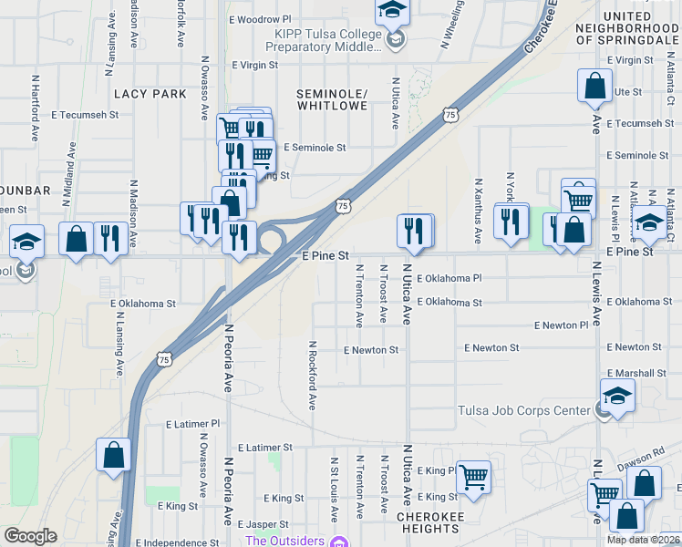 map of restaurants, bars, coffee shops, grocery stores, and more near in Tulsa
