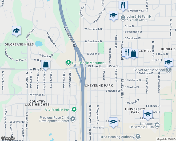 map of restaurants, bars, coffee shops, grocery stores, and more near 1508 North Denver Avenue in Tulsa
