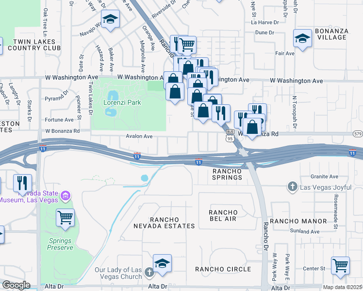 map of restaurants, bars, coffee shops, grocery stores, and more near 2900 Avalon Avenue in Las Vegas