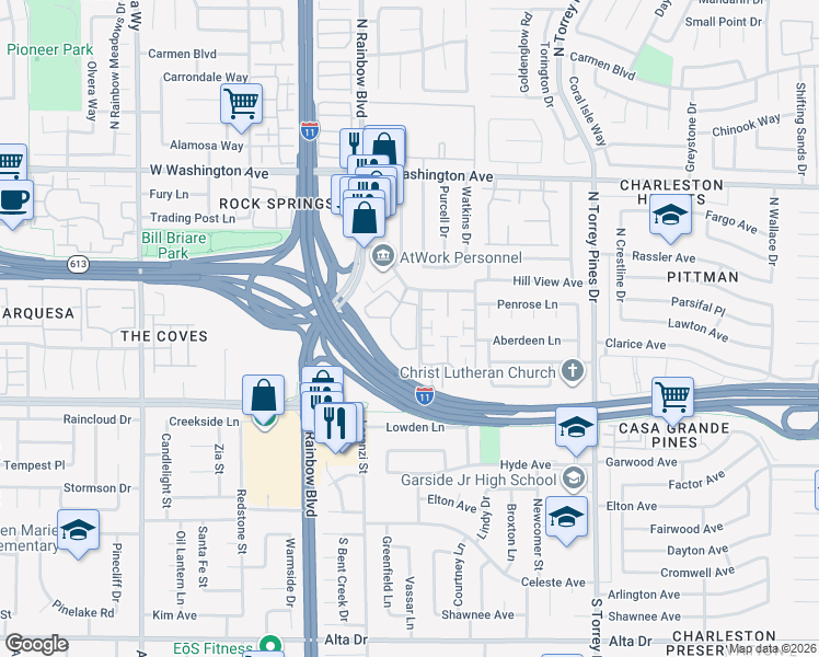 map of restaurants, bars, coffee shops, grocery stores, and more near 6661 Silverstream Avenue in Las Vegas