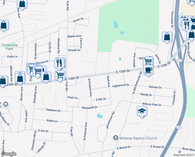 map of restaurants, bars, coffee shops, grocery stores, and more near 1010 Country Club Road in Cookeville