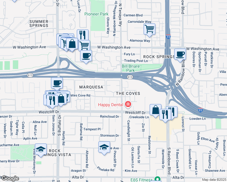 map of restaurants, bars, coffee shops, grocery stores, and more near 7100 West Pirates Cove Road in Las Vegas