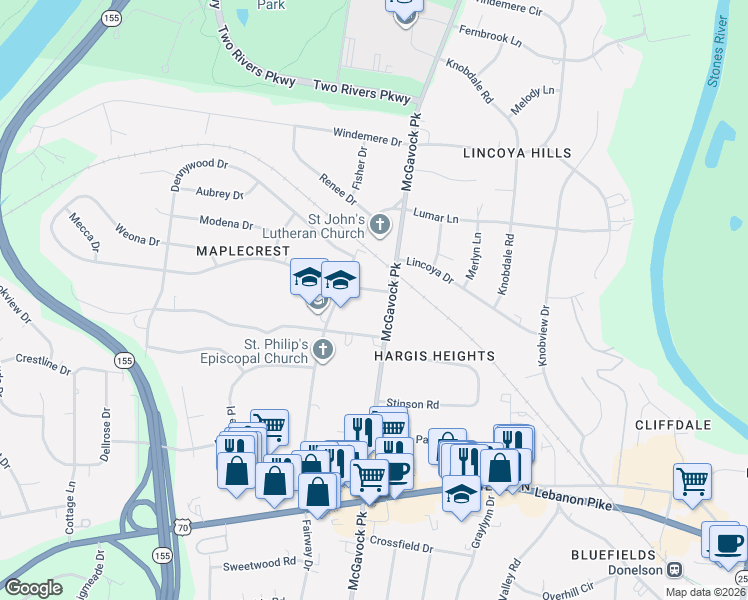 map of restaurants, bars, coffee shops, grocery stores, and more near 2430 Maplecrest Drive in Nashville