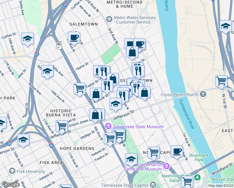 map of restaurants, bars, coffee shops, grocery stores, and more near 413 Monroe Street in Nashville