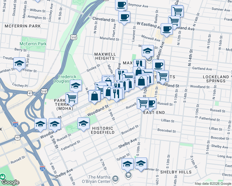 map of restaurants, bars, coffee shops, grocery stores, and more near 30 Mcferrin Avenue in Nashville