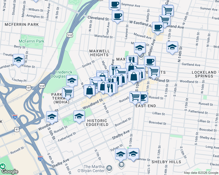 map of restaurants, bars, coffee shops, grocery stores, and more near 30 Mcferrin Avenue in Nashville
