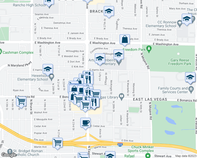 map of restaurants, bars, coffee shops, grocery stores, and more near 717 Lilly Lane in Las Vegas