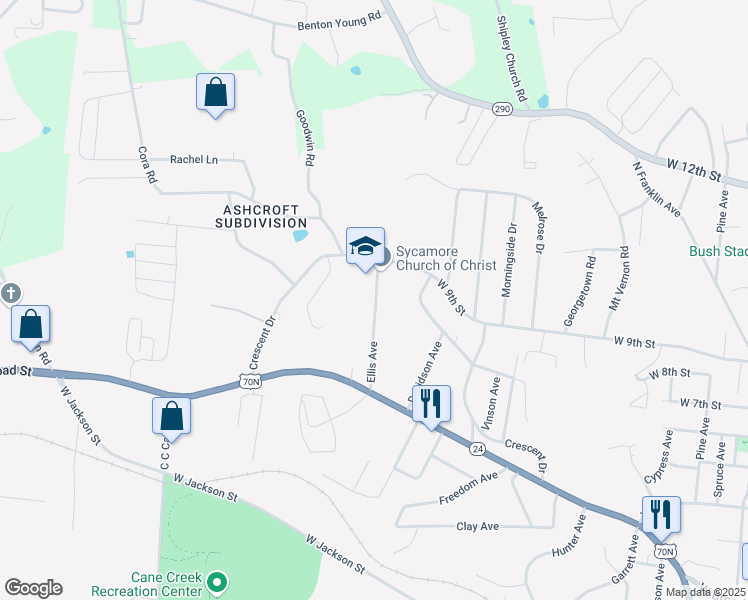 map of restaurants, bars, coffee shops, grocery stores, and more near 452 Ellis Avenue in Cookeville
