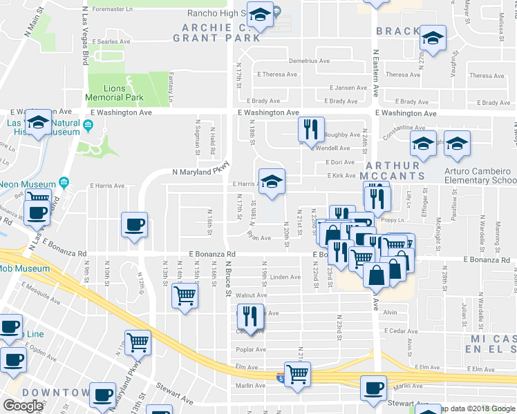 map of restaurants, bars, coffee shops, grocery stores, and more near 716 North 18th Street in Las Vegas