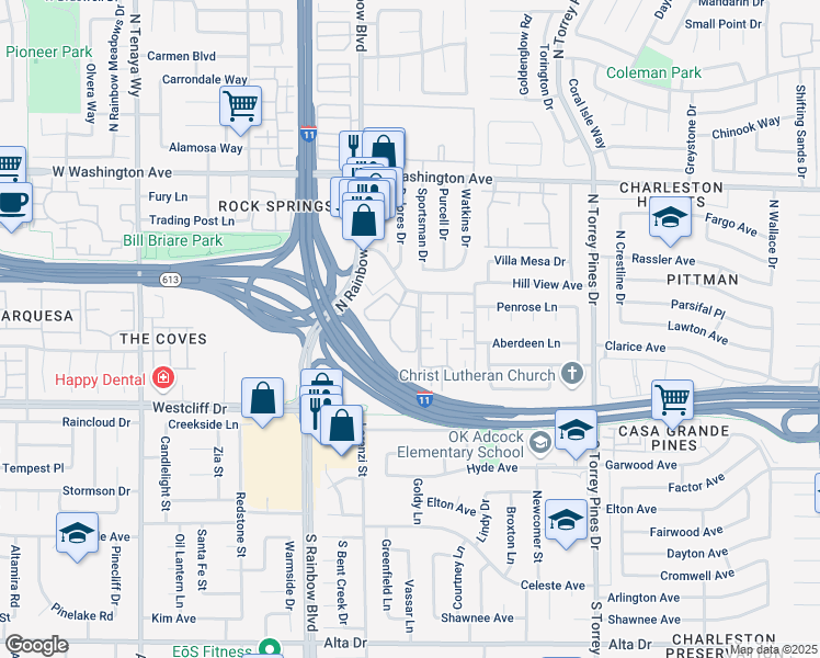 map of restaurants, bars, coffee shops, grocery stores, and more near 6661 Silverstream Avenue in Las Vegas