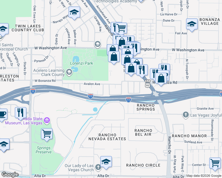 map of restaurants, bars, coffee shops, grocery stores, and more near 300 Wildrose Street in Las Vegas
