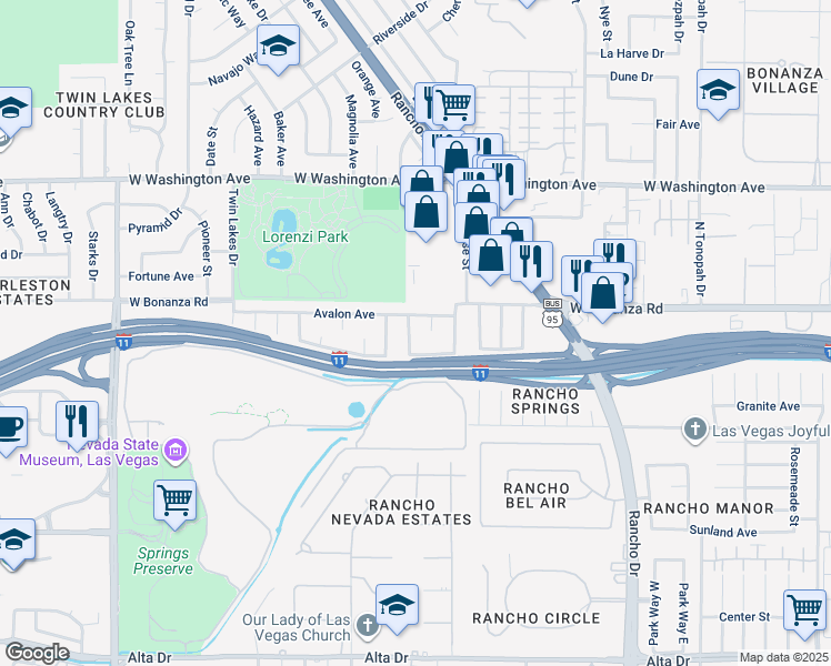 map of restaurants, bars, coffee shops, grocery stores, and more near 300 Wildrose Street in Las Vegas