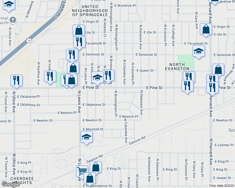 map of restaurants, bars, coffee shops, grocery stores, and more near 1431 North Birmingham Place in Tulsa