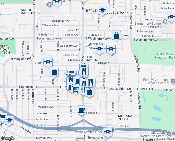 map of restaurants, bars, coffee shops, grocery stores, and more near 728 Aster Lane in Las Vegas