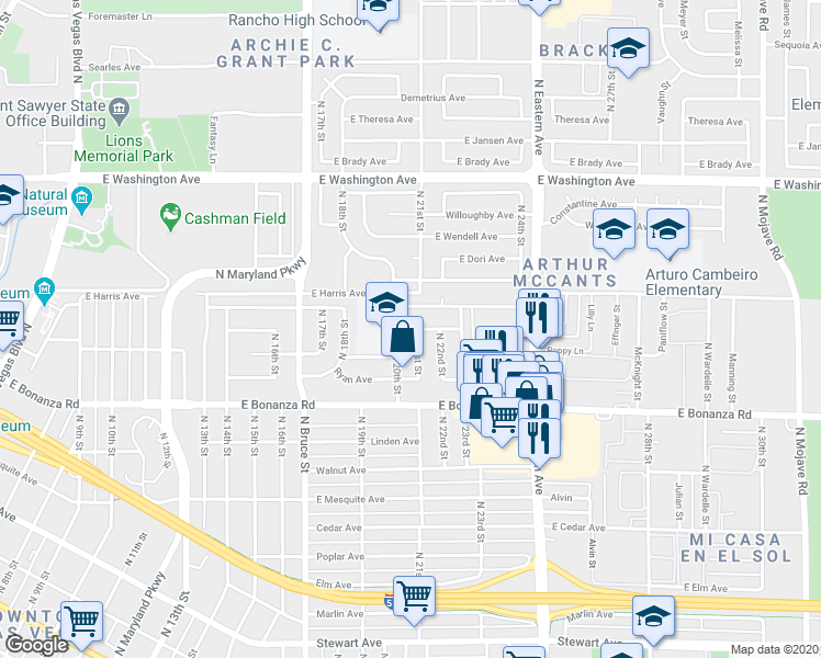 map of restaurants, bars, coffee shops, grocery stores, and more near 2101 East McWilliams Avenue in Las Vegas