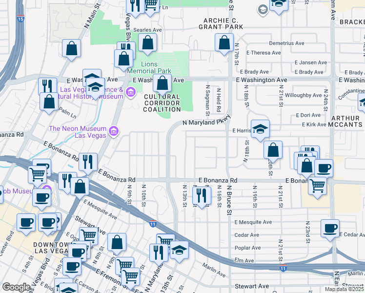 map of restaurants, bars, coffee shops, grocery stores, and more near 701 North 13th Street in Las Vegas