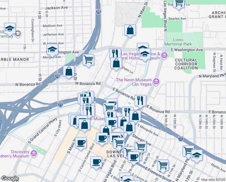 map of restaurants, bars, coffee shops, grocery stores, and more near 603 North 1st Street in Las Vegas