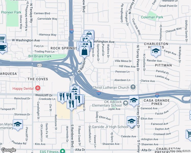 map of restaurants, bars, coffee shops, grocery stores, and more near 6661 Silverstream Avenue in Las Vegas