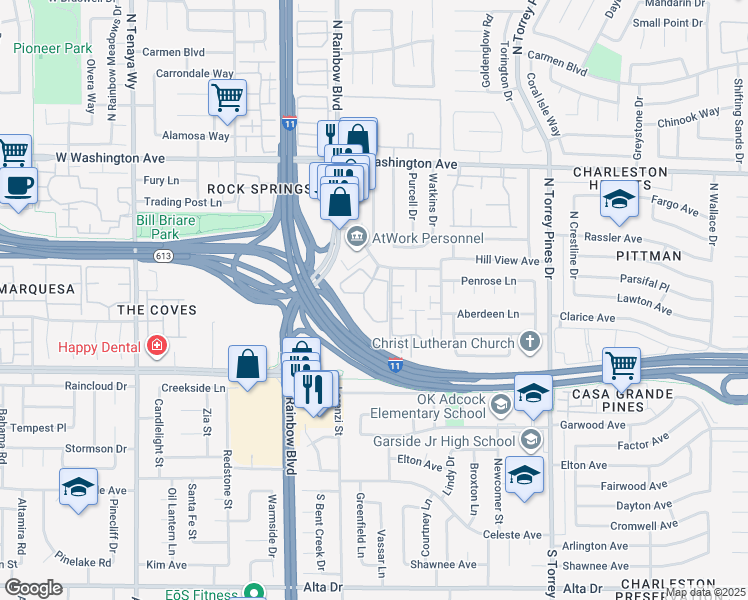 map of restaurants, bars, coffee shops, grocery stores, and more near 6661 Silverstream Avenue in Las Vegas