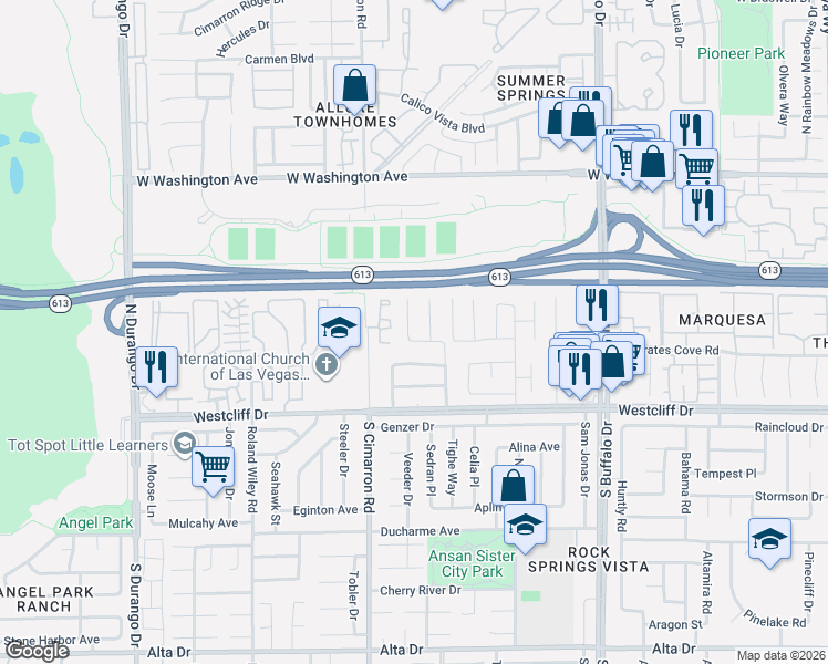 map of restaurants, bars, coffee shops, grocery stores, and more near 239 North Cimarron Road in Las Vegas