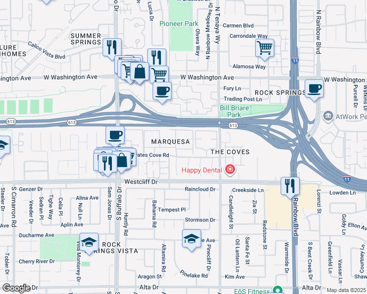 map of restaurants, bars, coffee shops, grocery stores, and more near 7200 West Pirates Cove Road in Las Vegas