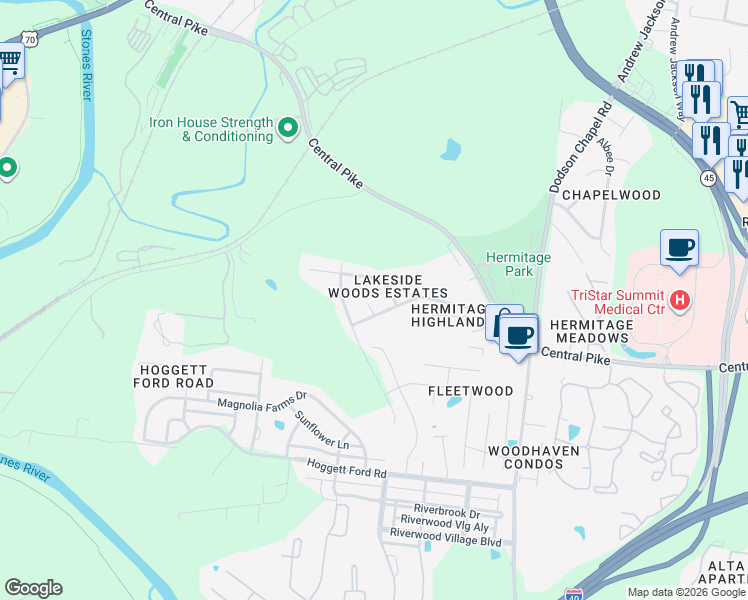 map of restaurants, bars, coffee shops, grocery stores, and more near 3208 Dockside Drive in Nashville