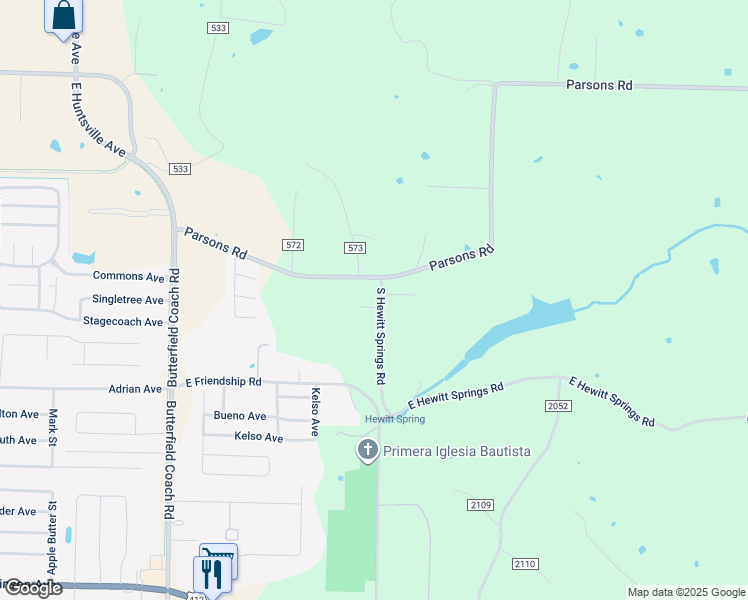 map of restaurants, bars, coffee shops, grocery stores, and more near 4049 Parsons Road in Springdale