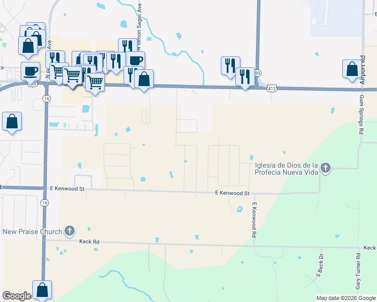 map of restaurants, bars, coffee shops, grocery stores, and more near 5007 Thomas Street in Siloam Springs