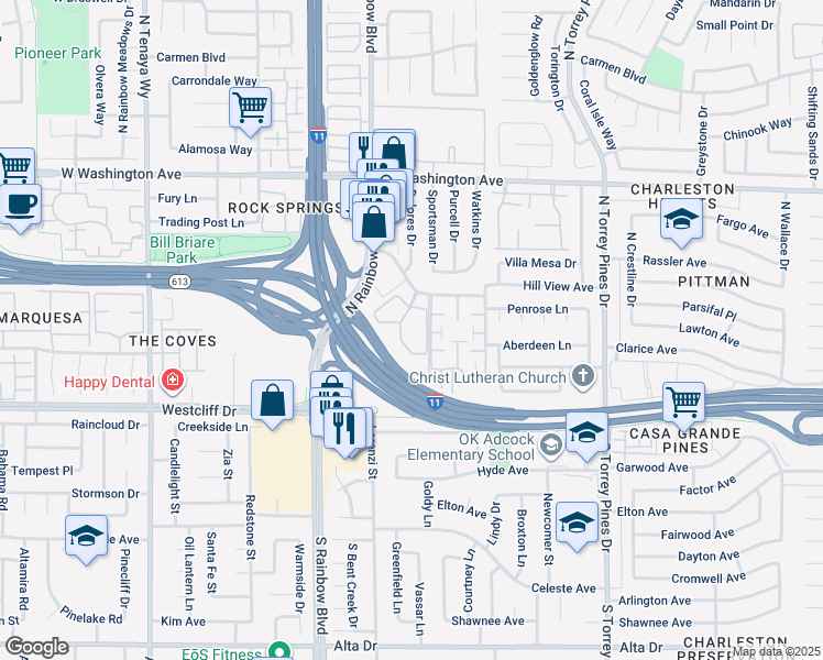 map of restaurants, bars, coffee shops, grocery stores, and more near 6661 Silverstream Avenue in Las Vegas