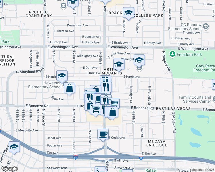 map of restaurants, bars, coffee shops, grocery stores, and more near 2504 Tulip Lane in Las Vegas
