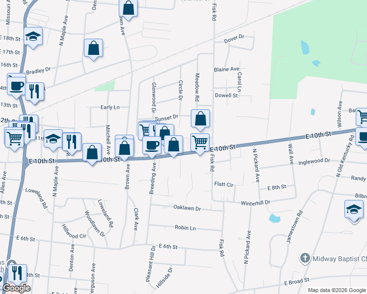 map of restaurants, bars, coffee shops, grocery stores, and more near 1010 East 10th Street in Cookeville