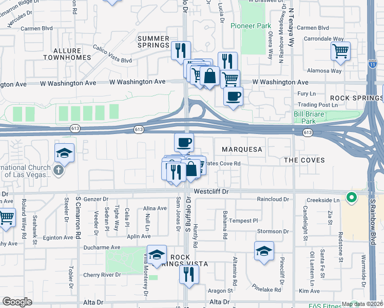 map of restaurants, bars, coffee shops, grocery stores, and more near 317 Coconut Grove Court in Las Vegas