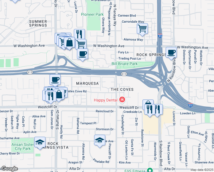 map of restaurants, bars, coffee shops, grocery stores, and more near 7100 West Pirates Cove Road in Las Vegas