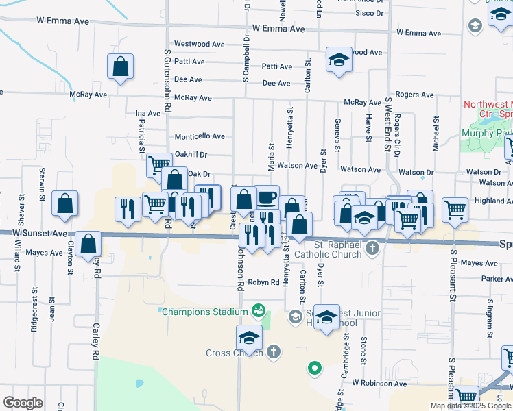 map of restaurants, bars, coffee shops, grocery stores, and more near 711 Janet Street in Springdale