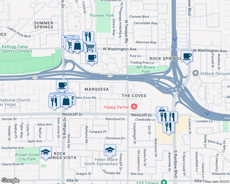 map of restaurants, bars, coffee shops, grocery stores, and more near 7100 West Pirates Cove Road in Las Vegas