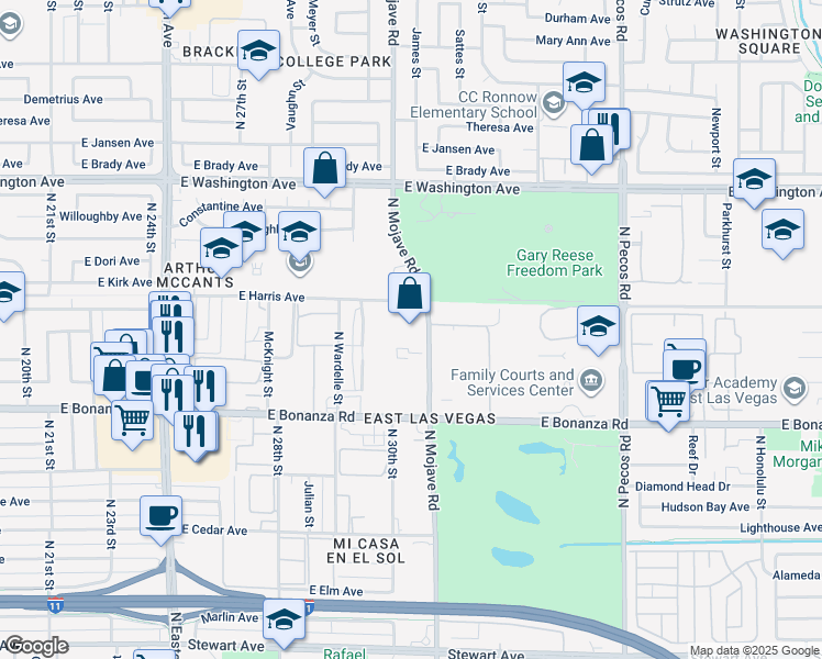 map of restaurants, bars, coffee shops, grocery stores, and more near 655 North Mojave Road in Las Vegas