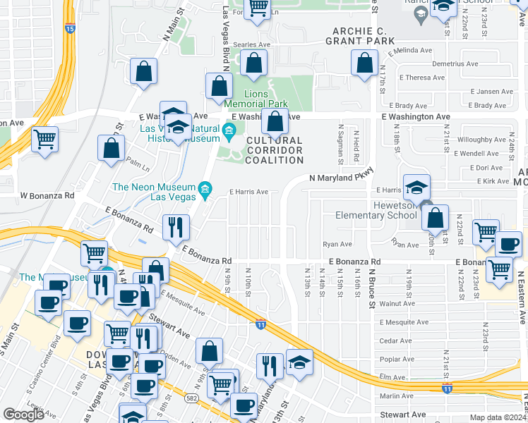 map of restaurants, bars, coffee shops, grocery stores, and more near 717 North 11th Street in Las Vegas