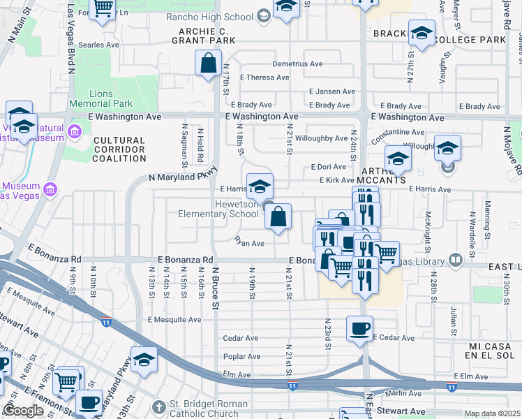 map of restaurants, bars, coffee shops, grocery stores, and more near 701 North 20th Street in Las Vegas