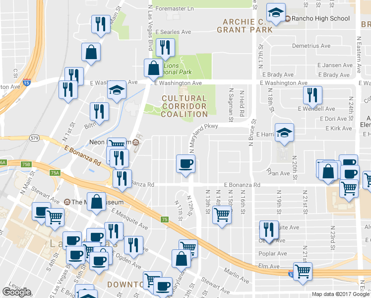 map of restaurants, bars, coffee shops, grocery stores, and more near 732 North Maryland Parkway in Las Vegas