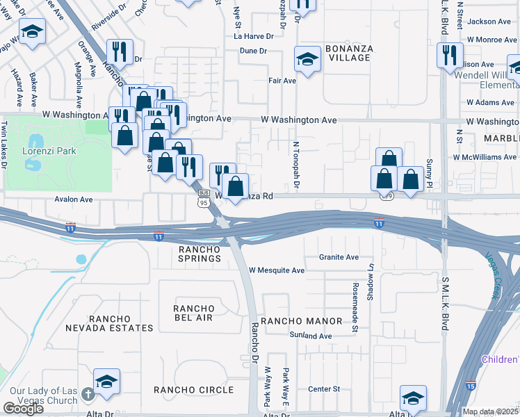 map of restaurants, bars, coffee shops, grocery stores, and more near 2135 West Bonanza Road in Las Vegas