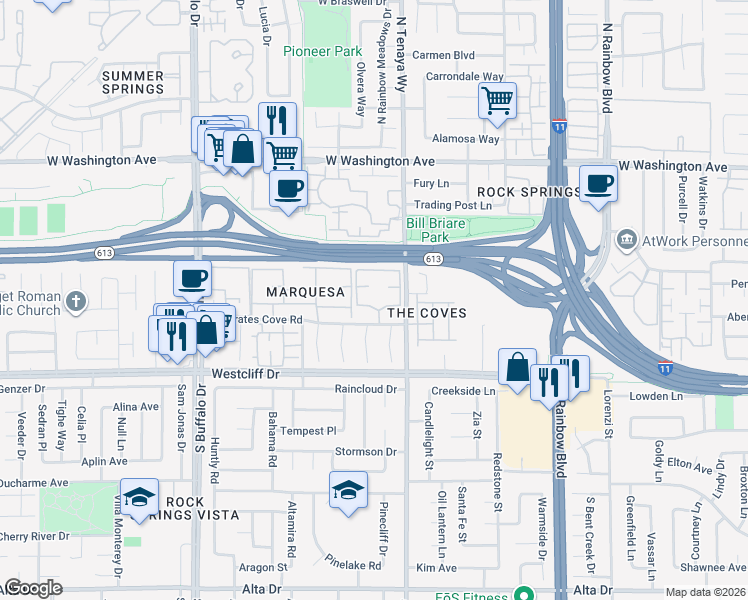 map of restaurants, bars, coffee shops, grocery stores, and more near 7100 West Pirates Cove Road in Las Vegas