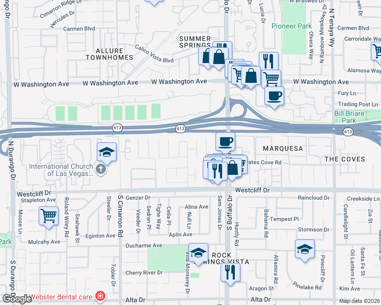 map of restaurants, bars, coffee shops, grocery stores, and more near 401 Firestone Drive in Las Vegas