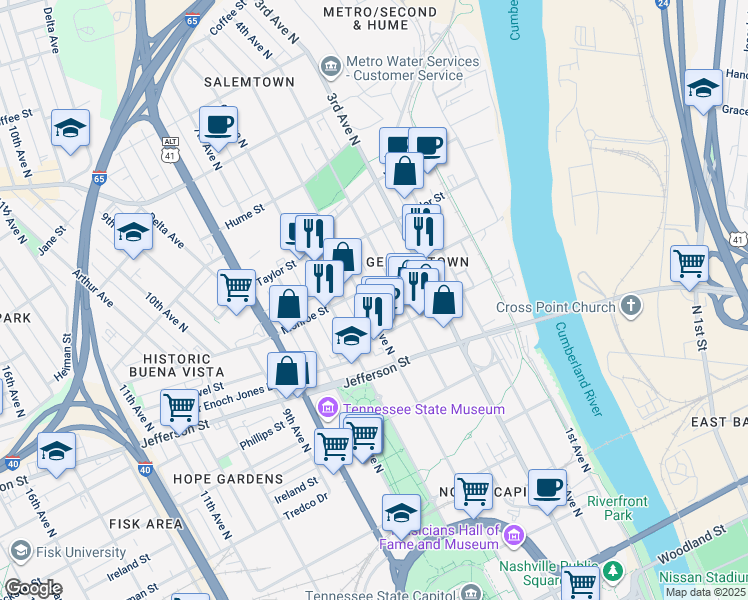 map of restaurants, bars, coffee shops, grocery stores, and more near 413 Monroe Street in Nashville
