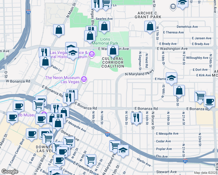 map of restaurants, bars, coffee shops, grocery stores, and more near 717 North 11th Street in Las Vegas