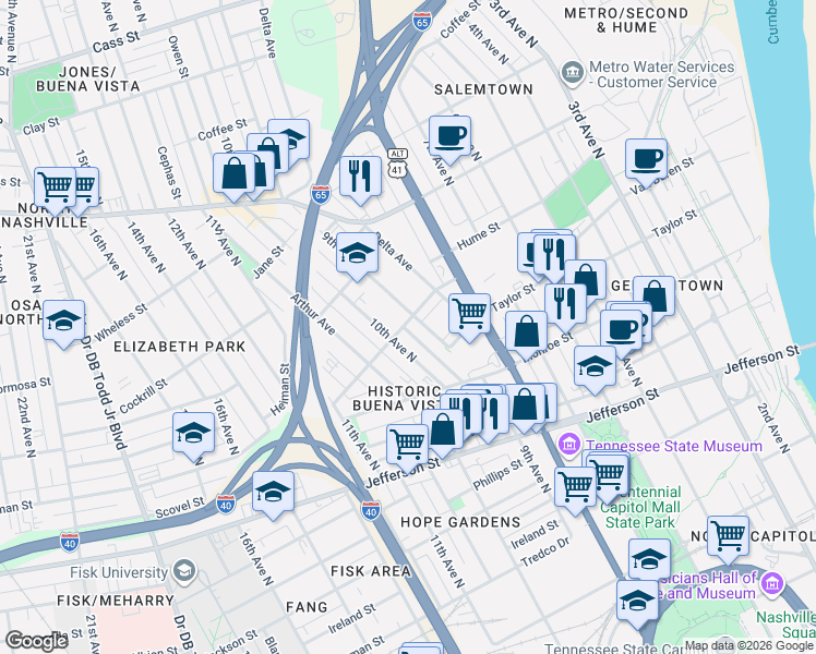 map of restaurants, bars, coffee shops, grocery stores, and more near in Nashville