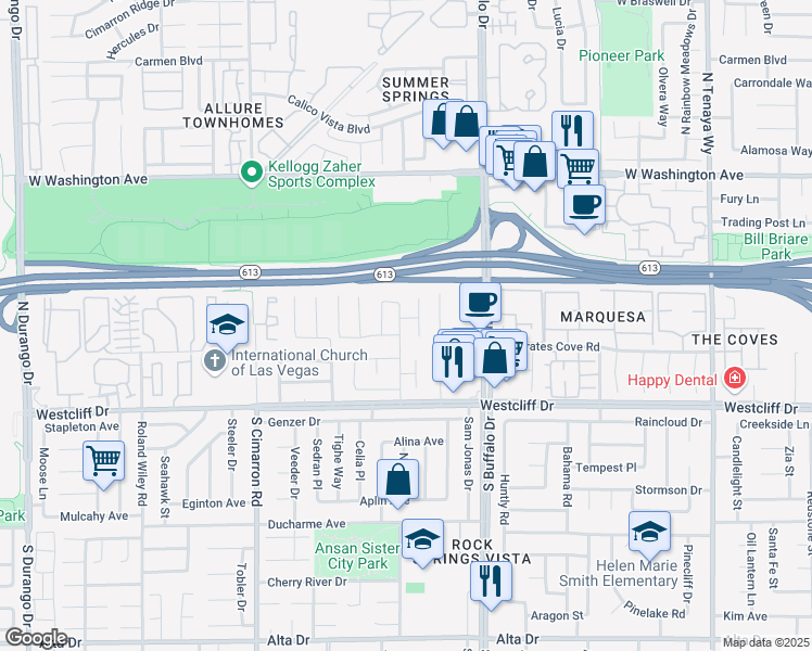 map of restaurants, bars, coffee shops, grocery stores, and more near 313 Firestone Drive in Las Vegas