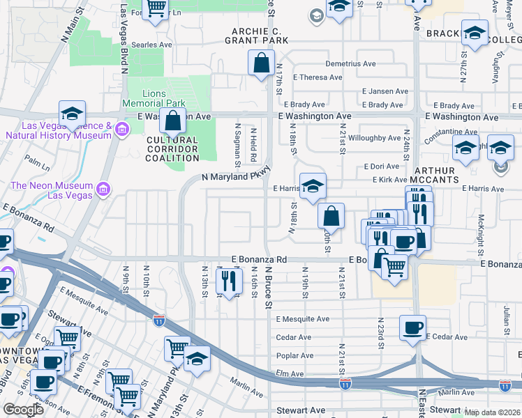 map of restaurants, bars, coffee shops, grocery stores, and more near 717 North Bruce Street in Las Vegas